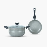 Klassic Marble Coated 3 Psc mini Cookware Set (22cm Frying pan + 22cm Cooking Pot) Beige - On Lid can Fit on Both - Klassic kitchenware Pk